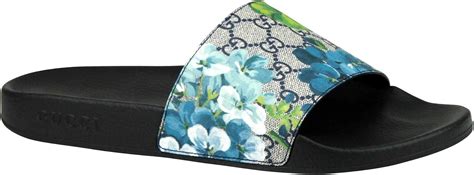 gucci blue flowers shoes|Gucci slides with blue flowers.